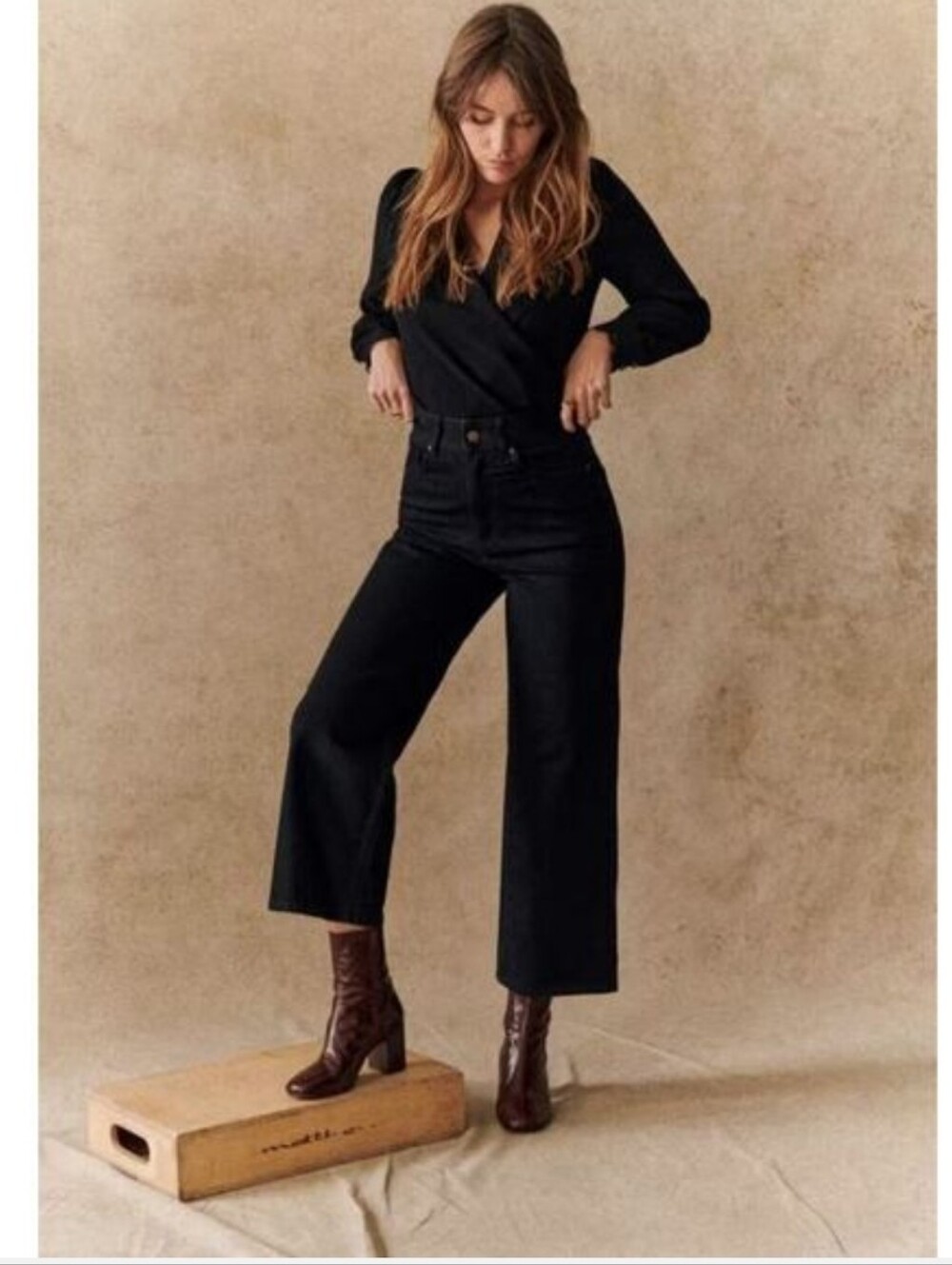 Sezane Le Crop Wide Leg Denim Wash Black Jeans